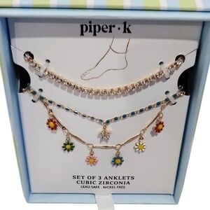 🌼🔹️Piper K 🔹Set Cubic Zirconia Set of 3 Anklet with Colorful Floral Charms